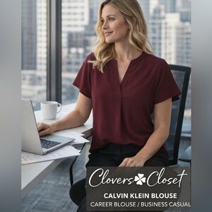 Calvin Klein Burgundy V-Neck Blouse XL Short Sleeve Stretch Career Top